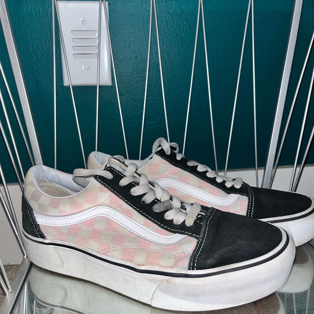 Black with Pink + white checkered platform vans size 9 women’s